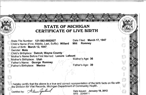 Mitt Romney Releases Official Birth Certificate To Reuters   Romney Birth Cert 