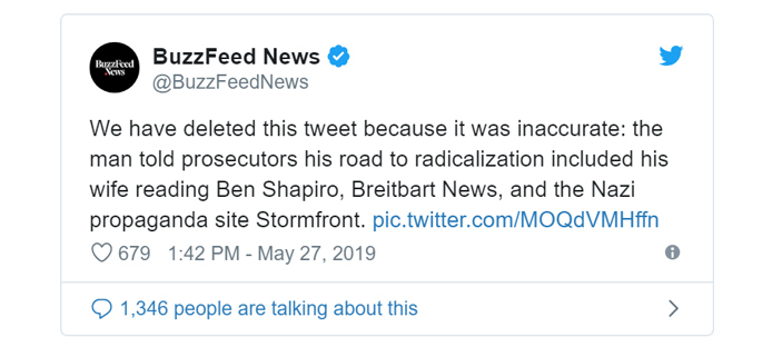 We have deleted this tweet because it was inaccurate: the man told prosecutors his road to radicalization included his wife reading Ben Shapiro, Breitbart News, and the Nazi propaganda site Stormfront.