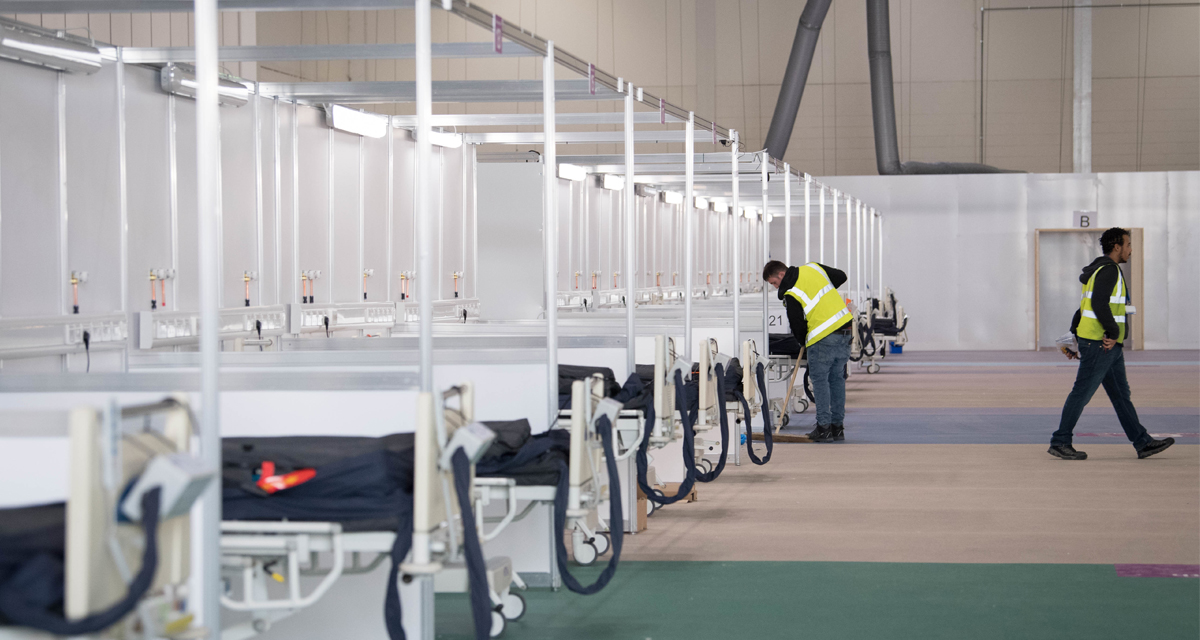 Soldiers and private contractors help to prepare the ExCel centre which is being made into the temporary NHS Nightingale hospital, comprising of two wards, each of 2,000 people, to help tackle coronavirus on March 30, 2020 in London, England.