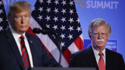 U.S. President Trump with National Security Advisor John Bolton on July 12, 2018 in Belgium