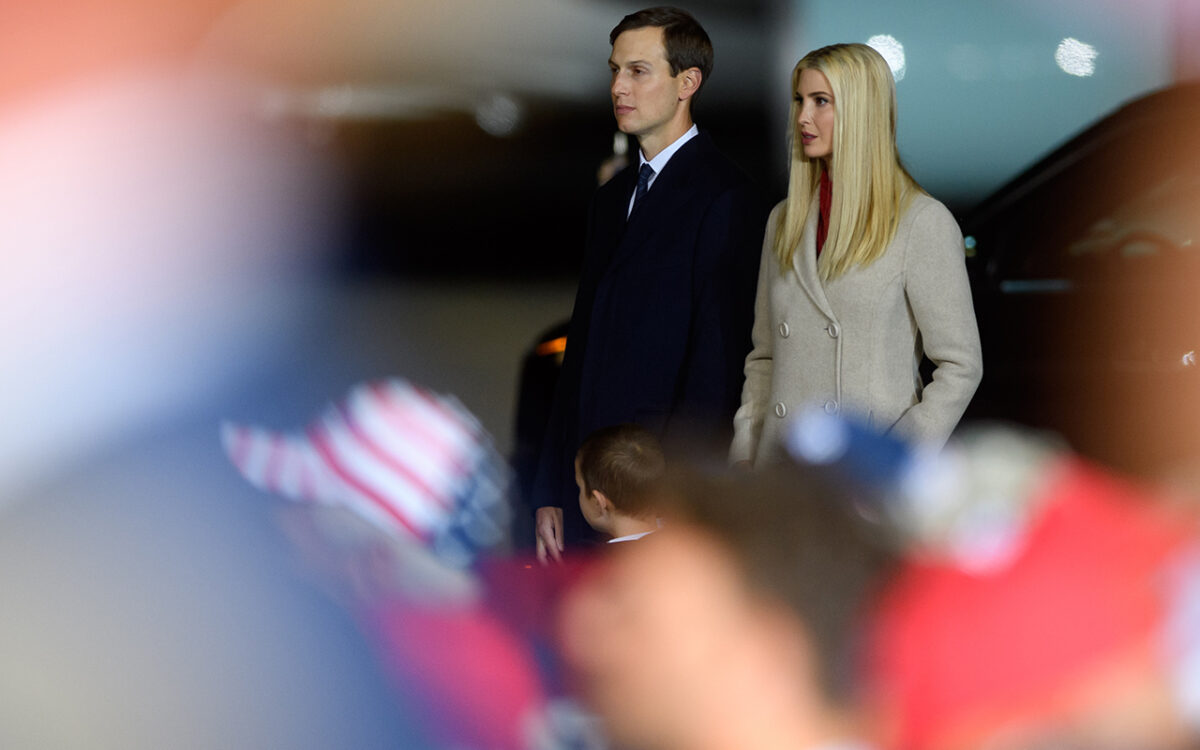 Ivanka Trump and Jared Kushner listen as President Donald Trump speaks at a campaign rally at Atlantic Aviation in Pennsylvania