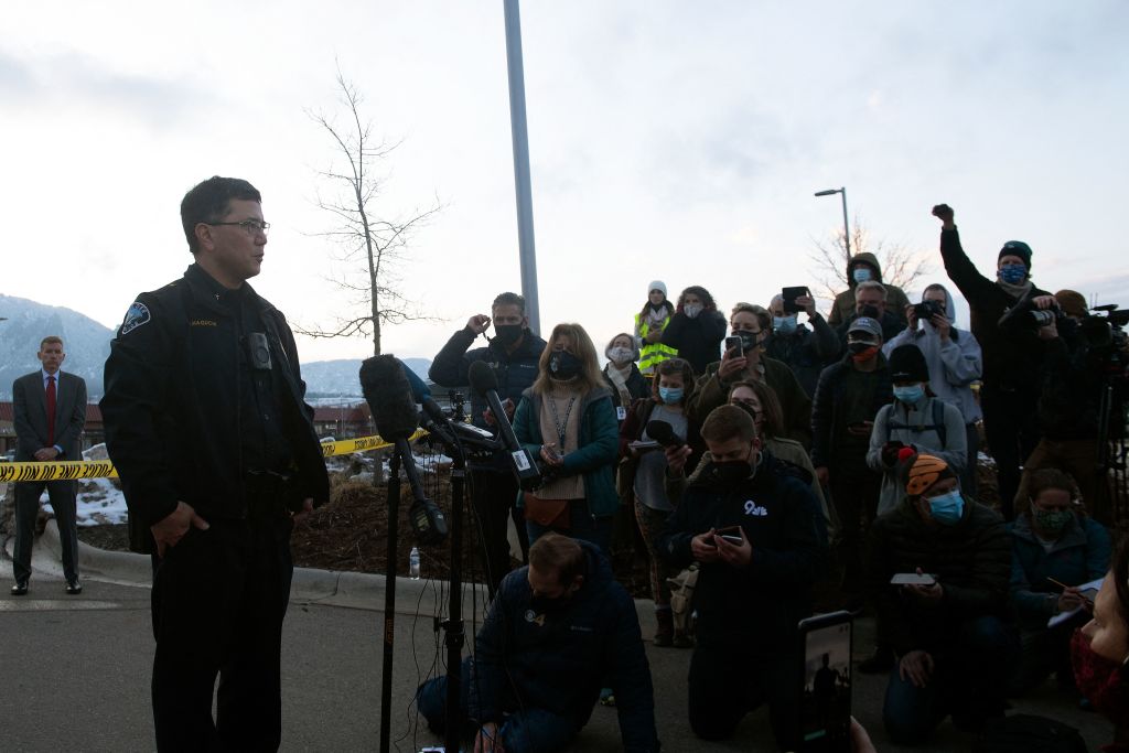 Boulder Police Commander Kerry Yamaguchi briefs the press.