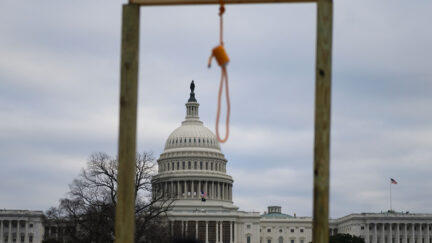 A noose is seen on makeshift gallows as supporters of US President Donald Trump gather on the West side of the US Capitol in Washington DC on January 6, 2021.