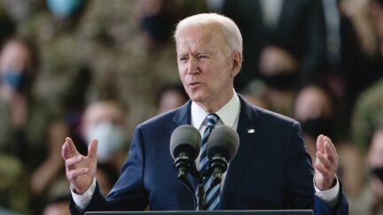 MILDENHALL, ENGLAND - JUNE 09: US President Joe Biden addresses US Air Force personnel at RAF Mildenhall in Suffolk, ahead of the G7 summit in Cornwall, on June 9, 2021 in Mildenhall, England. On June 11, Prime Minister Boris Johnson will host the Group of Seven leaders at a three-day summit in Cornwall, as the wealthiest nations look to chart a course for recovery from the global pandemic. (Photo by Joe Giddens - WPA Pool/Getty Images)