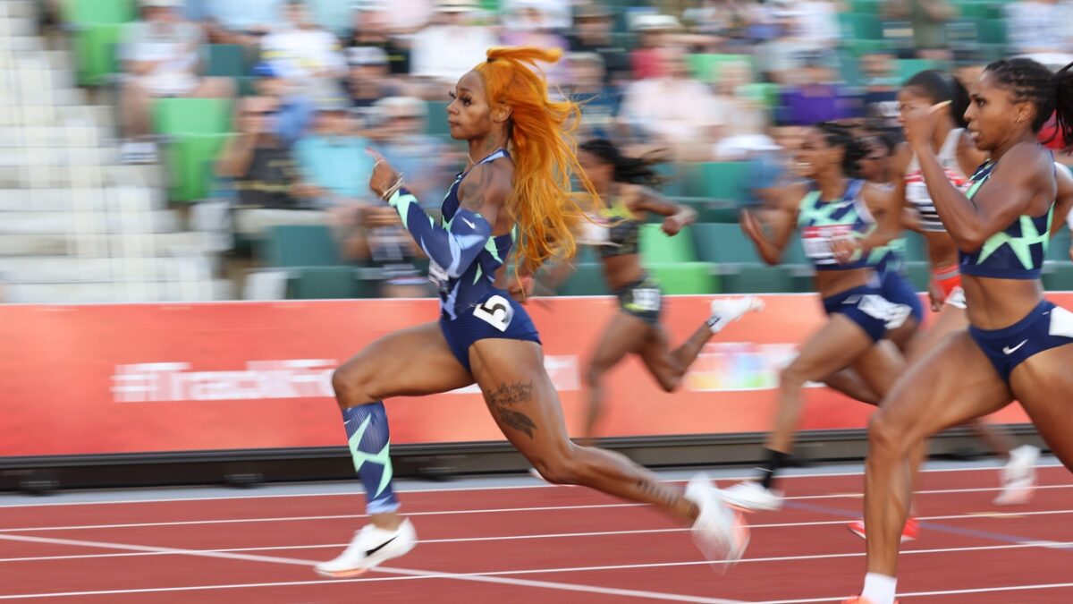 EUGENE, OR - JUNE 19: Sha'Carri Richardson competes in the Women's 100 Meter on day 2 of the 2020 U.S. Olympic Track & Field Team Trials at Hayward Field on June 19, 2021 in Eugene, Oregon. (Photo by Andy Lyons/Getty Images)