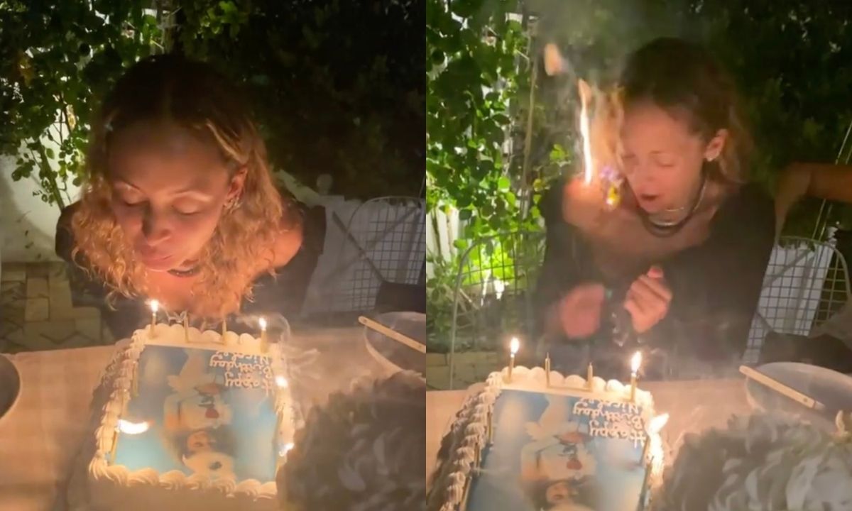 Nicole Richie accidentally sets her hair on fire while blowing out her 40th birthday candles