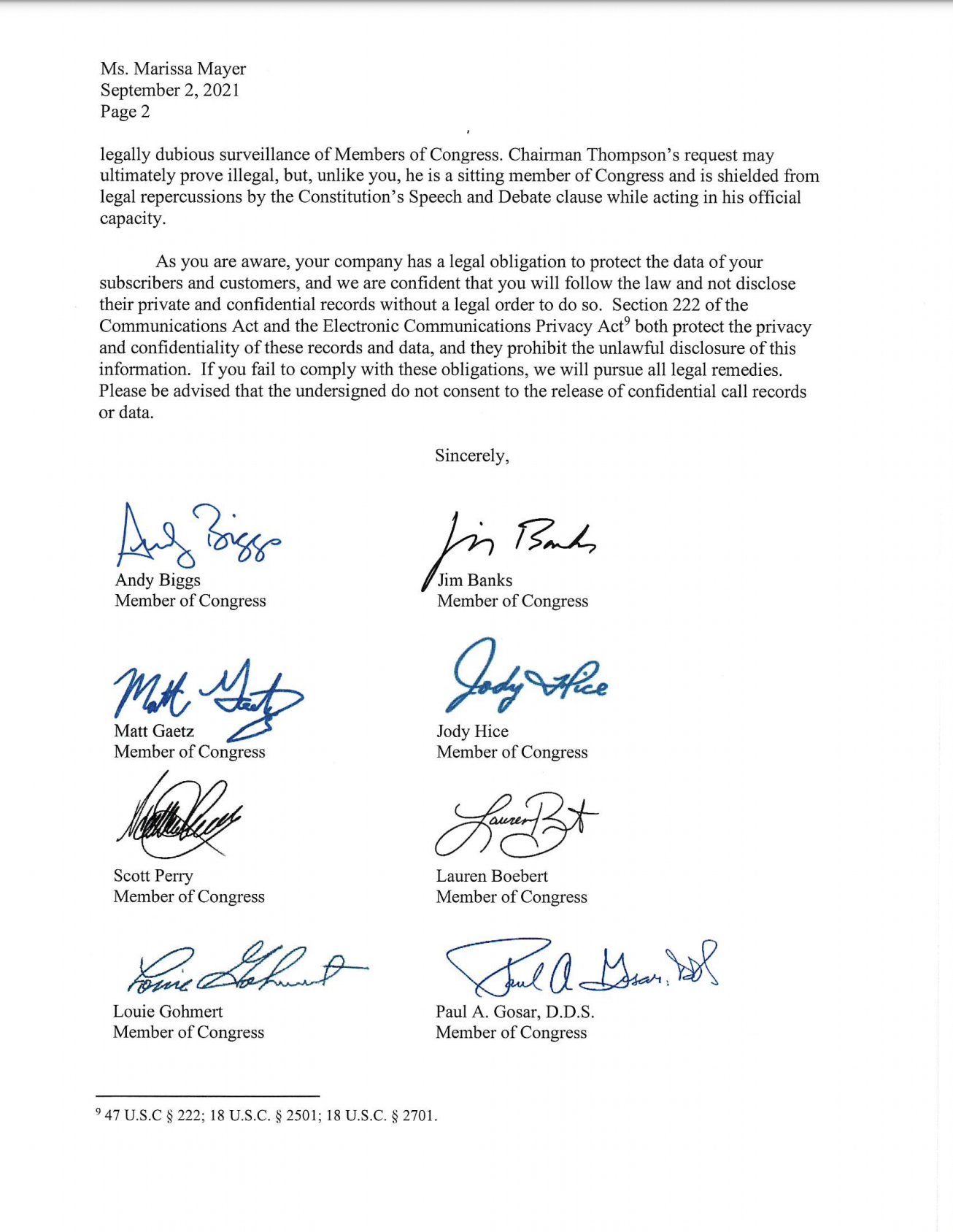 Second page of letter from Republicans to Marissa Mayer