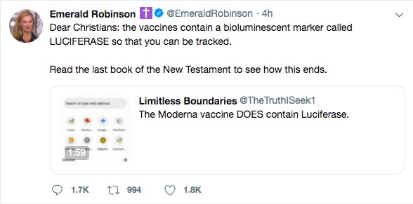 Emerald Robinson tweets vaccine conspiracy theory