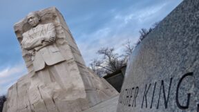 The Stone of Hope, a granite statue of civil rights leader Martin Luther King Jr., stands at his memorial in Washington, DC, on January 14, 2022. - Martin Luther King Day, which celebrates the January 15, 1929, birth of the civil rights icon, falls on January 17, 2022. (Photo by MANDEL NGAN / AFP) (Photo by MANDEL NGAN/AFP via Getty Images)