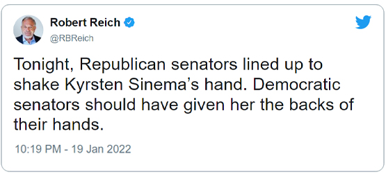 Robert Reich Tweet Calling for Striking Sinema Deleted - Screenshot