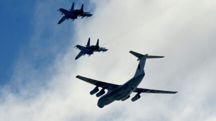 Ukrainian SU-27 jets convoy IL-76 military transport aircraft loaded with paratroopers after they left Ozerne air base, in Zhytomyr region in northern Ukraine, on December 6, 2018, as troops are dispatched to the east of the country