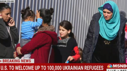 Ukraine refugee wearing hijab arrives in Poland as MSNBC host Ali Velshi explains that Ukrainian refugees are white Christians