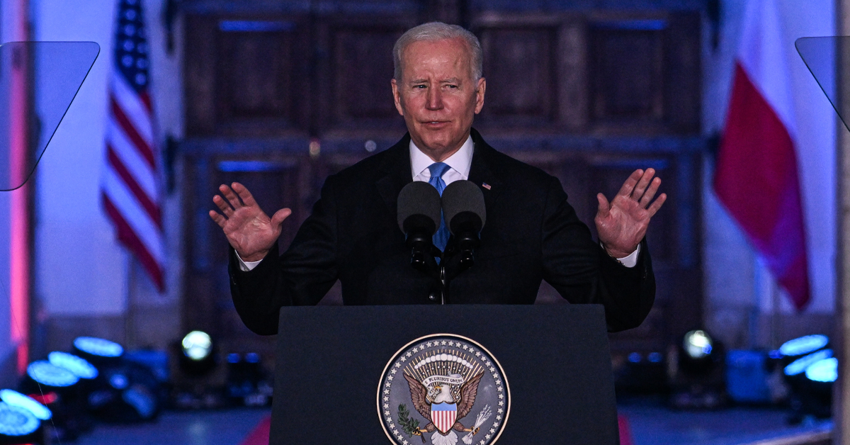 President Joe Biden delivers a speech at the Royal Castle on March 26, 2022 in Warsaw, Poland