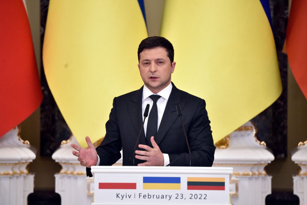 Ukrainian President Volodymyr Zelensky attends a joint press conference with his counterparts from Lithuania and Poland