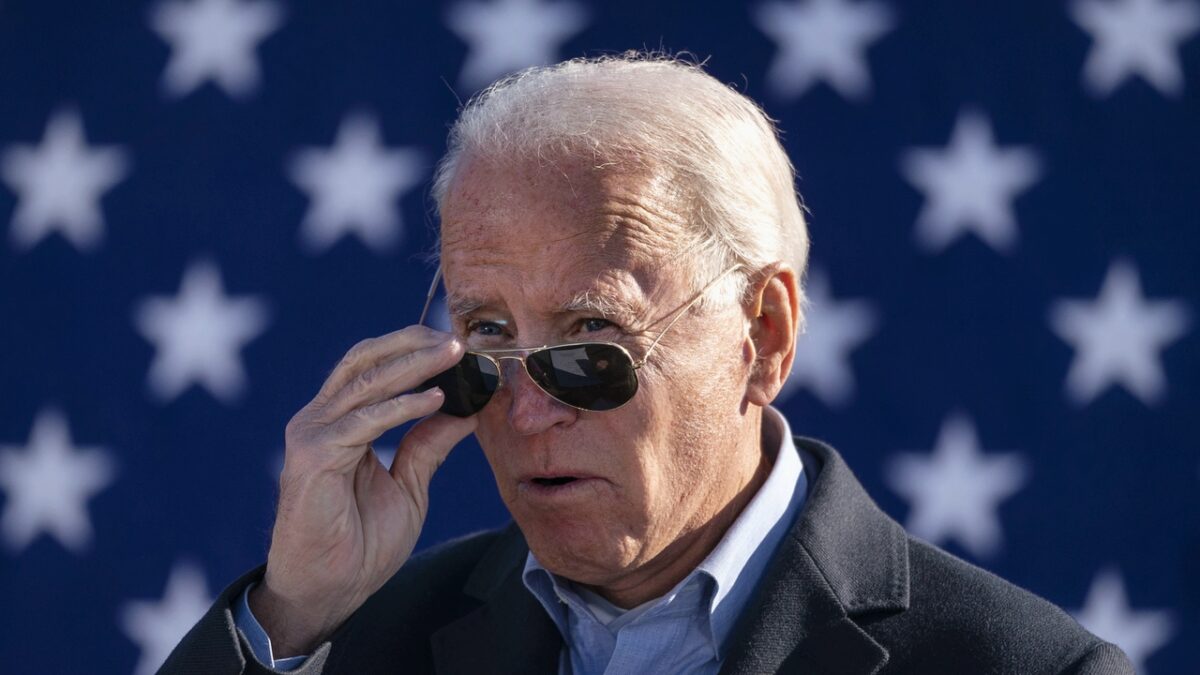 MONACA, PA - NOVEMBER 02: Democratic presidential candidate Joe Biden removes his sunglasses during a speech during a campaign stop at Community College of Beaver County on November 02, 2020 in Monaca, Pennsylvania.  A day before the election, Biden is campaigning in Pennsylvania, a key battleground state that President Donald Trump narrowly won in 2016. (Photo by Drew Angerer/Getty Images)