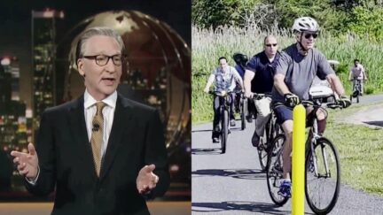 Bill Maher Mocks Biden's Bike Accident as Blueprint For Do-it-Yourself Abortion During First Post-Roe Show split image