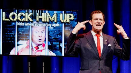 US stand up comedian Greg Shapiro watches the inauguration of Joe Biden as 46th President of the USA in the comedy club Boom Chicago as part of his show 