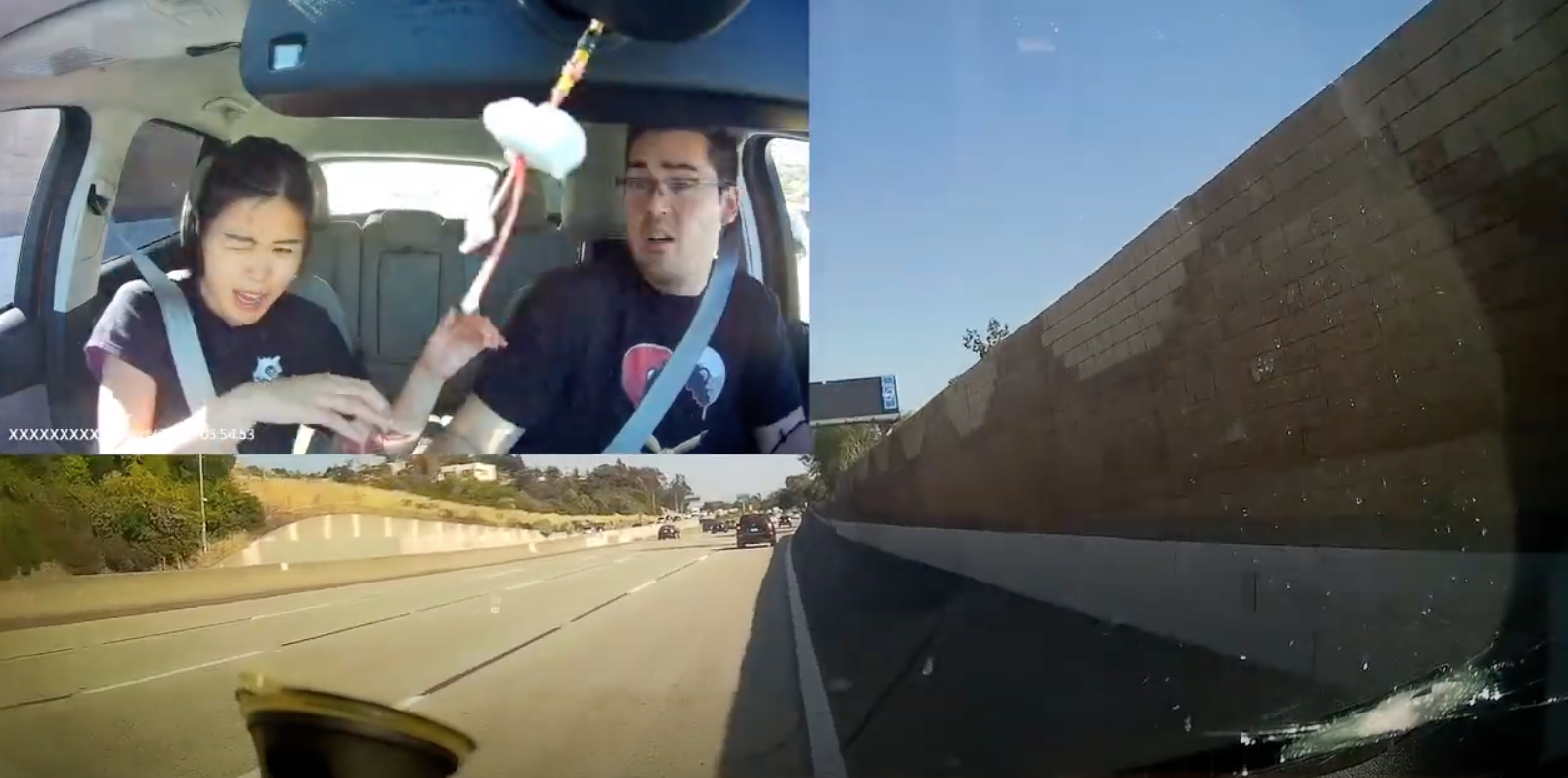 Stray Bullet Hits Car On Freeway, Barely Misses Couple, According to Dashcam