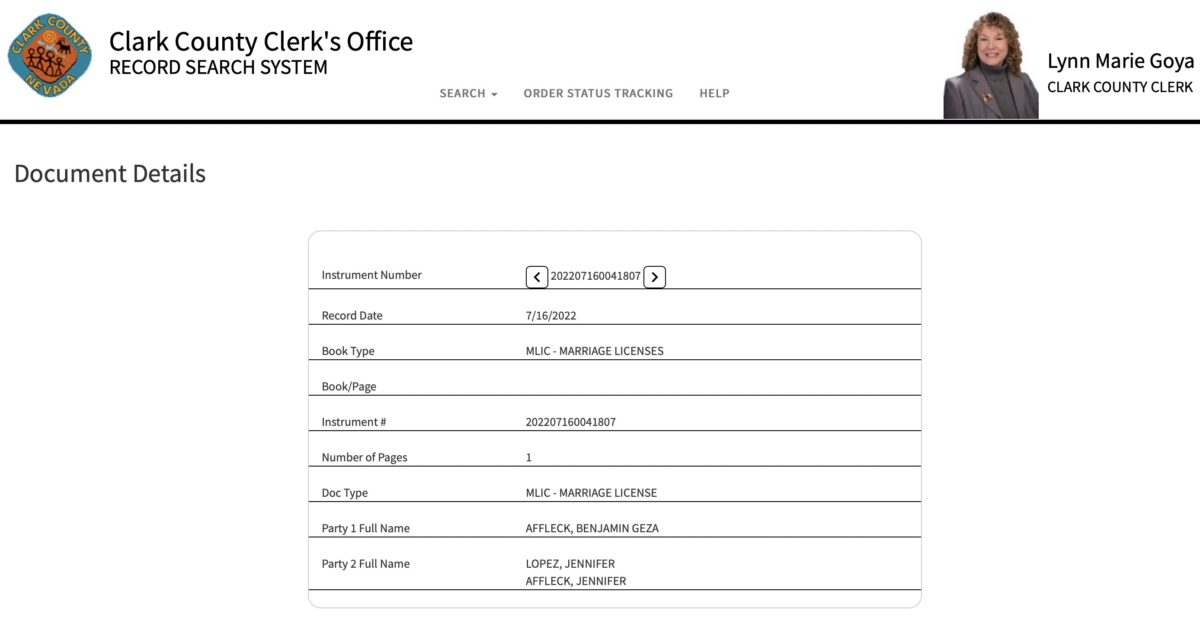 Screenshot from Clark County (Nevada) Clerk's Office showing Ben Affleck and Jennifer Lopez's marriage