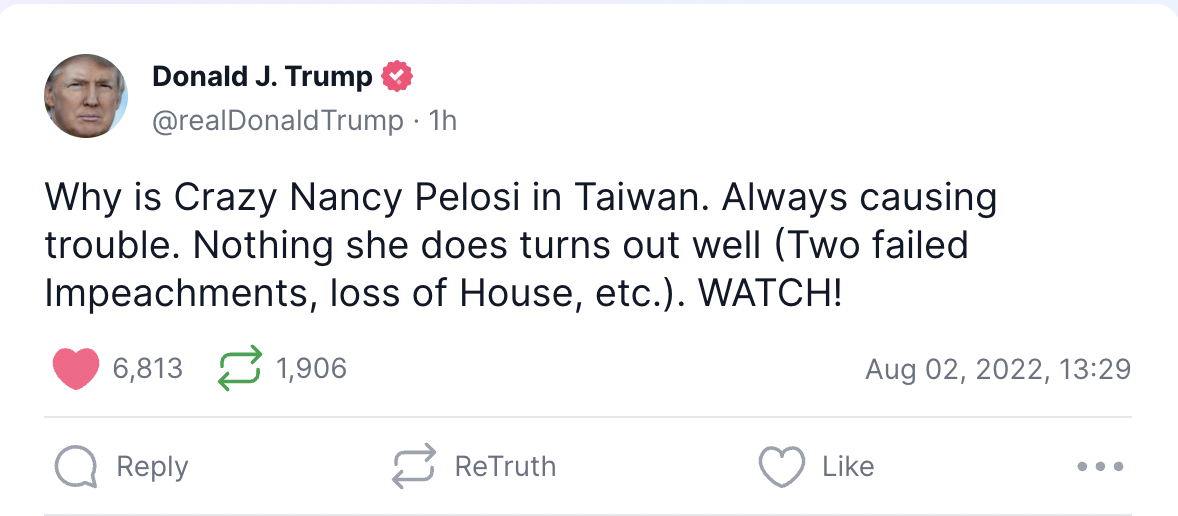 Trump Blasts Pelosi's Taiwan Trip