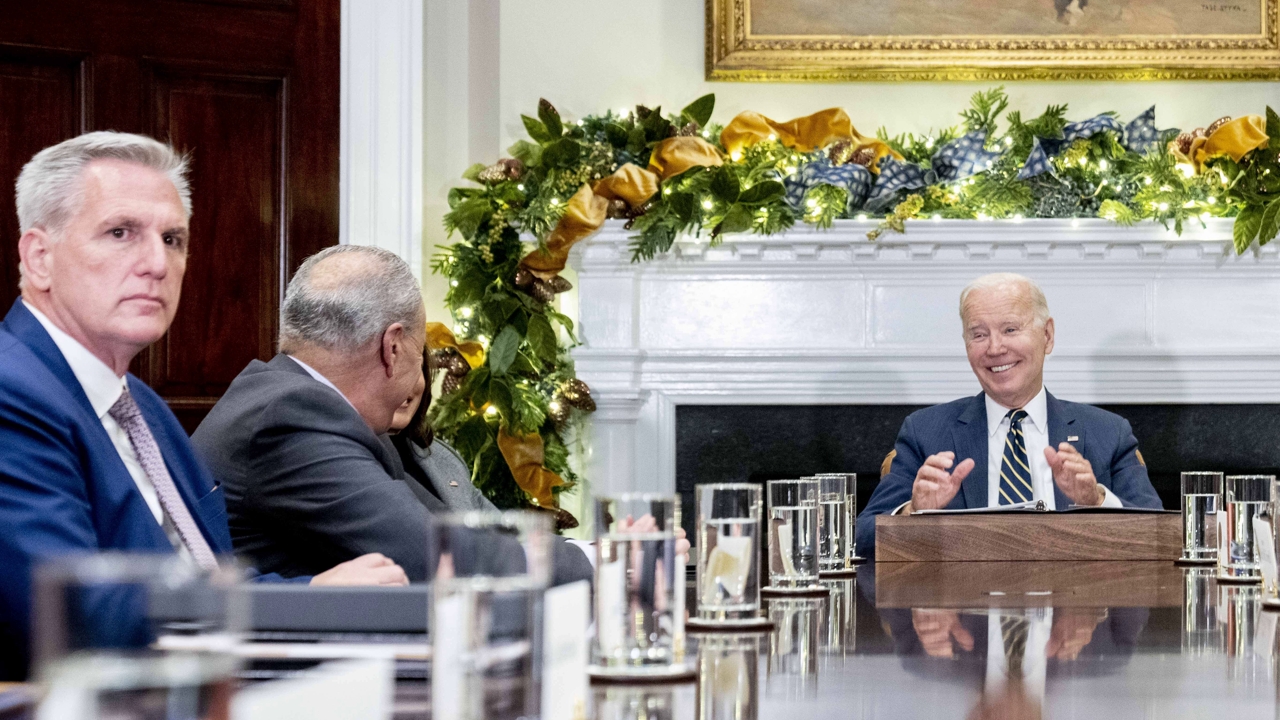 CORRECTS YEAR TO 2022 - President Joe Biden, center, speaks at the top of a meeting with congressional leaders to discuss legislative priorities for the rest of the year, Tuesday, Nov. 29, 2022, in the Roosevelt Room of the White House in Washington. From left are House Minority Leader Kevin McCarthy of Calif., Senate Majority Leader Chuck Schumer, of N.Y., Biden, House Speaker Nancy Pelosi of Calif., and Senate Minority Leader Mitch McConnell of Ky.