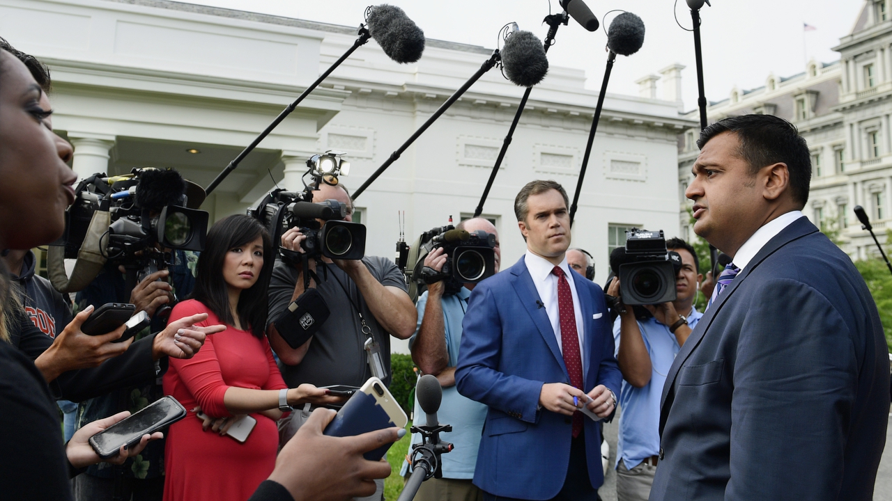White House spokesman Raj Shah talks to reporters about the FBI investigation of Supreme Court nominee Brett Kavanaugh outside the West Wing of the White House in Washington, Thursday, Oct. 4, 2018. 