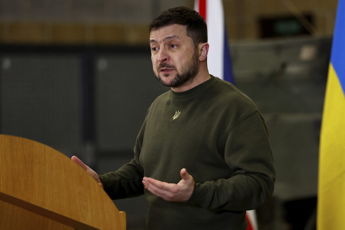 Ukrainian President Volodymyr Zelensky speaks during a visit to the UK