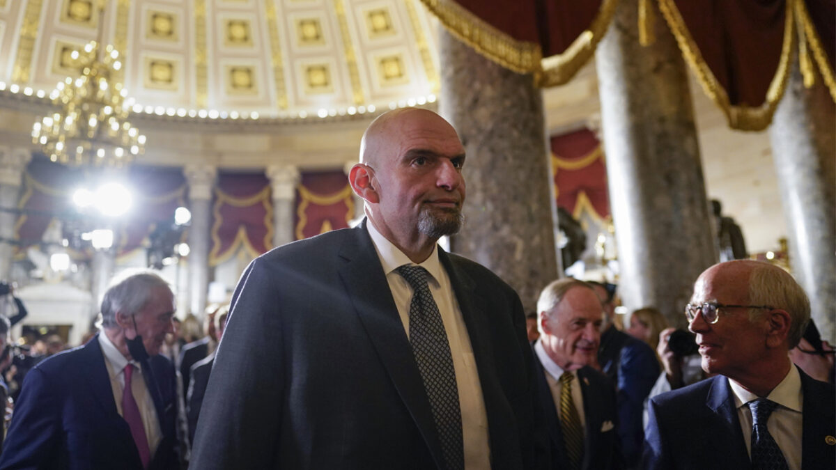 Sen. John Fetterman, D-Pa., arrives for President Joe Biden's State of the Union address