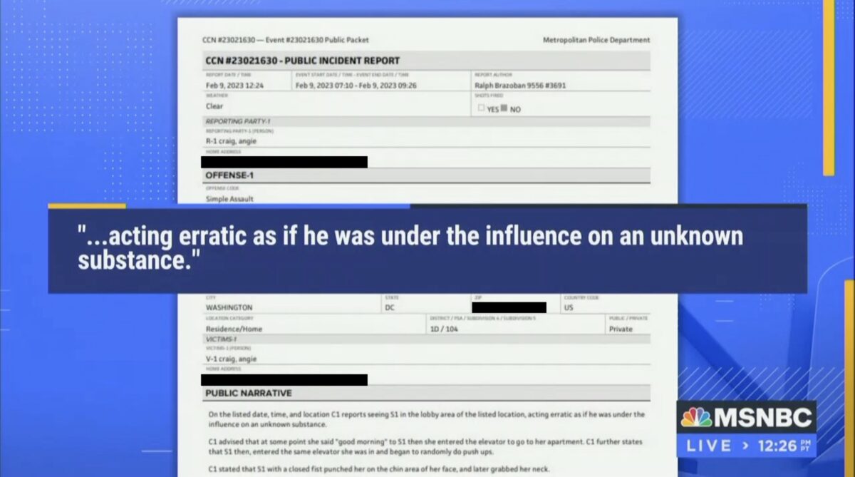 Police report regarding attack on Rep. Angie Craig as aired on MSNBC, with address redacted.