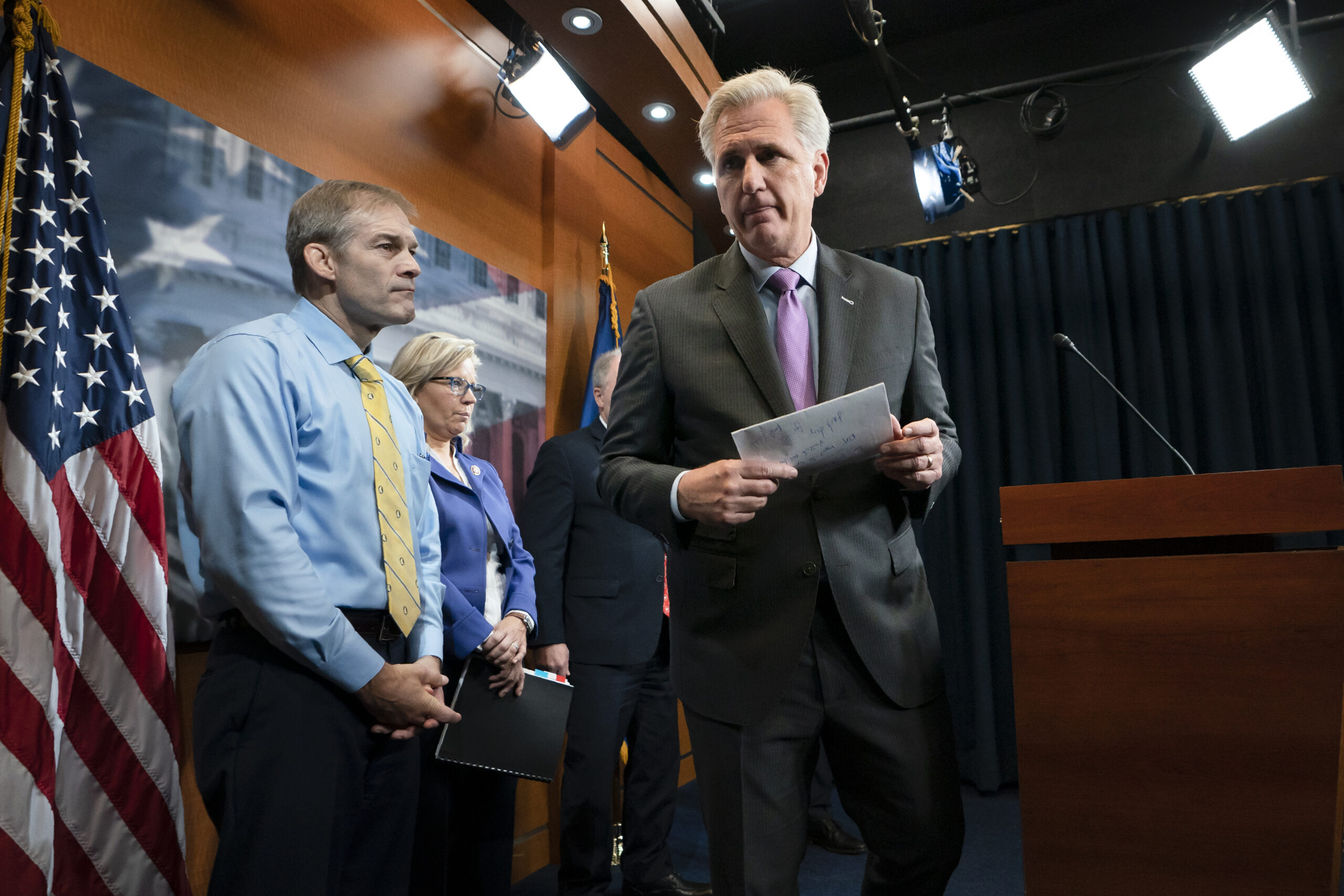 House Republican Leader Kevin McCarthy, D-Calif., right, joined from left by, Rep. Jim Jordan, R-Ohio, a member of the House Judiciary Committee, and Republican Conference chair Rep. Liz Cheney, R-Wyo., finishes a news conference where he criticized House Speaker Nancy Pelosi, D-Calif., and the Democrats for launching a formal impeachment inquiry against President Donald Trump, at the Capitol in Washington, Wednesday, Sept. 25, 2019.