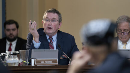 Rep. Thomas Massie, R-Ky., makes a point in the House Rules Committee as Republicans advance a bill to disapprove of action by the District of Columbia Council on a local voting rights act and a criminal code revision, at the Capitol in Washington, Monday, Feb. 6, 2023.