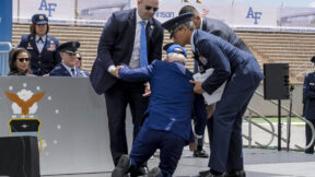 President Joe Biden falls on stage during the 2023 United States Air Force Academy Graduation Ceremony