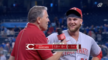 Reds pitcher Ricky Karcher speaks after earning a save in his MLB debut