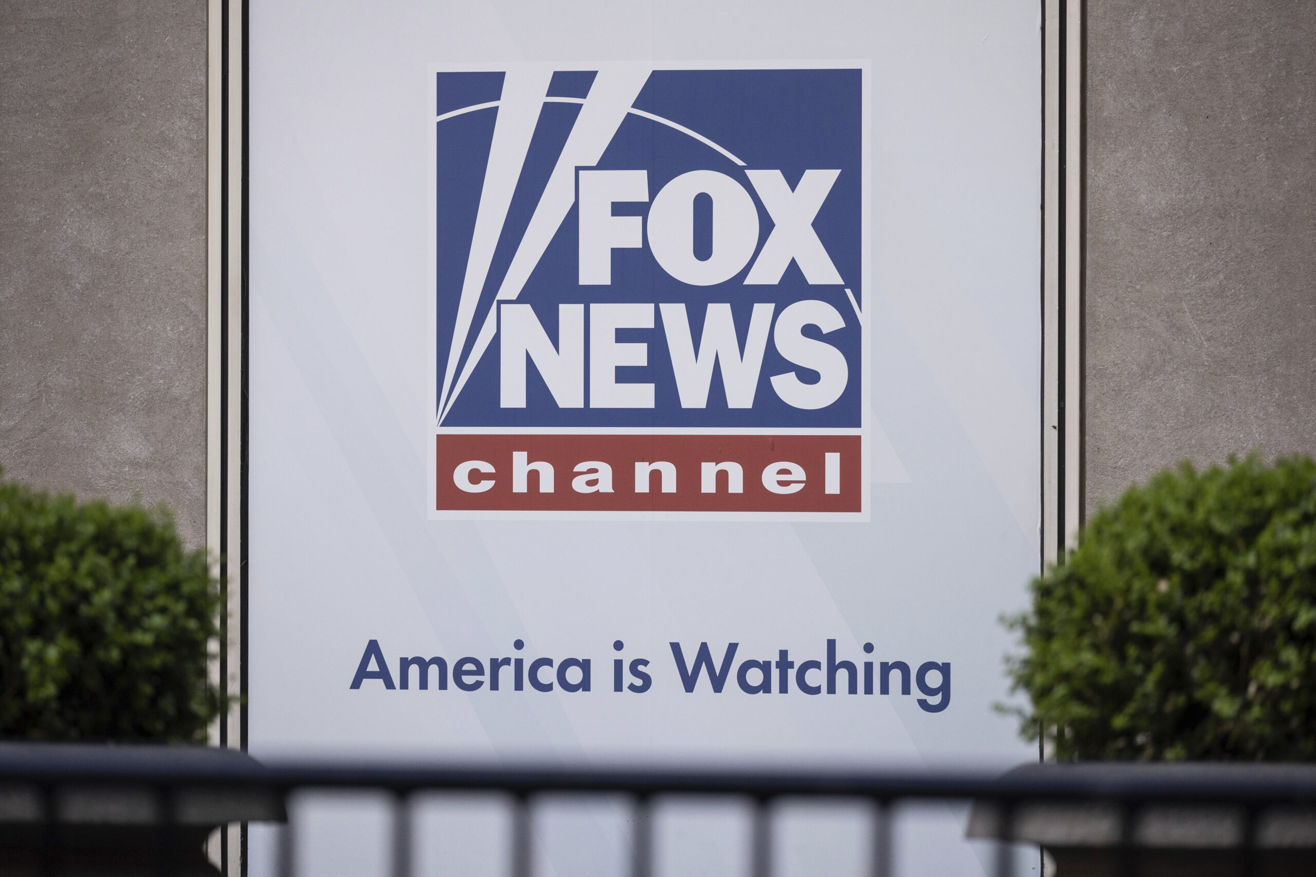Fox News logo is displayed outside Fox News Headquarters