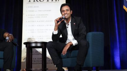 Republican presidential candidate businessman Vivek Ramaswamy speaks at an event in St. Clair Shores, Mich., Monday, Aug. 14, 2023.