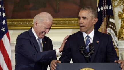Vice President Joe Biden laughs as President Barack Obama talks about him during a ceremony in the State Dining Room of the White House in Washington, Thursday, Jan. 12, 2017. Obama surprised Biden an presented him with the Presidential Medal of Freedom.