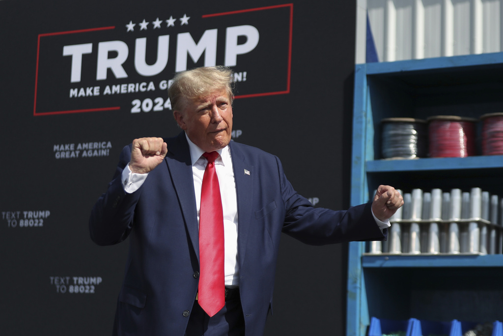 Former President Donald Trump dances after finishing his remarks at a rally in Summerville, S.C., Monday, Sept. 25, 2023.