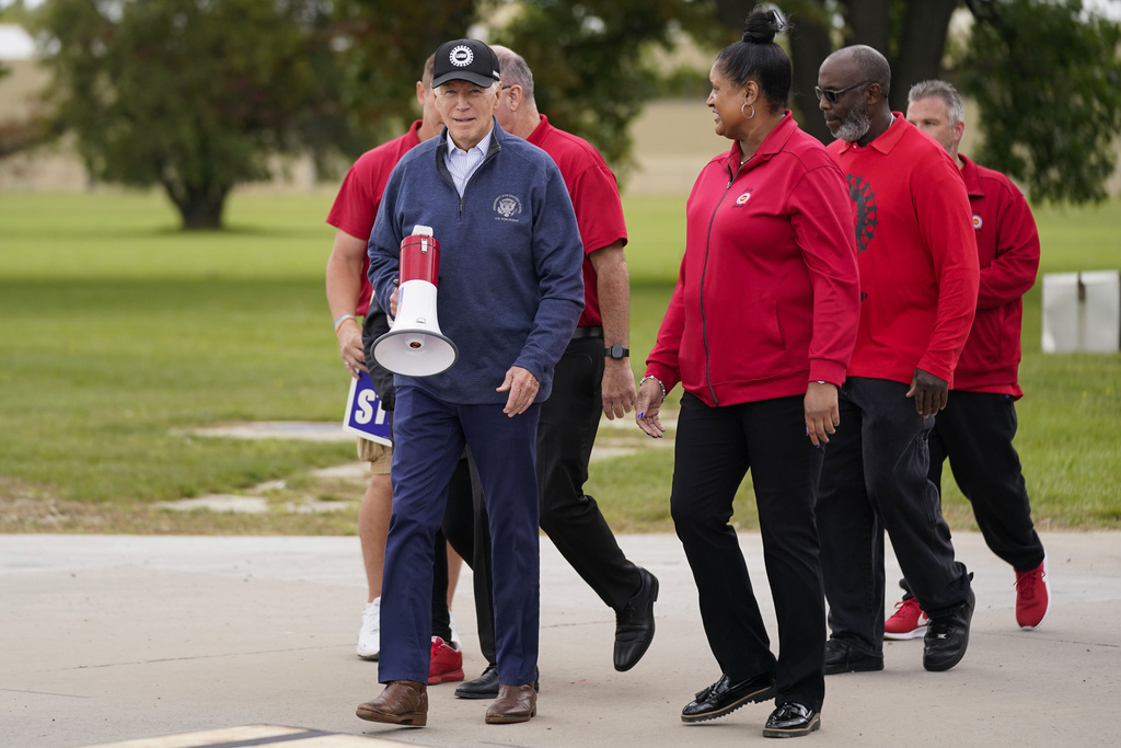 President Joe Biden joins striking United Auto Workers on the picket line, in Van Buren Township, Mich.