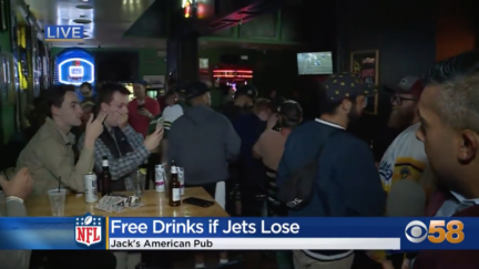 Patrons of Jack's American Pub react to losing a bet on the New York Jets