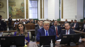 Former President Donald Trump sits in the courtroom with his legal team before the continuation of his civil business fraud trial at the New York Supreme Court, Tuesday, Oct. 24, 2023, in New York.