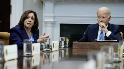 President Joe Biden listens as Vice President Kamala Harris speaks during a meeting with the presidential advisory board on historically Black colleges and universities in the Roosevelt Room of the White House in Washington, Monday, Sept. 25, 2023.