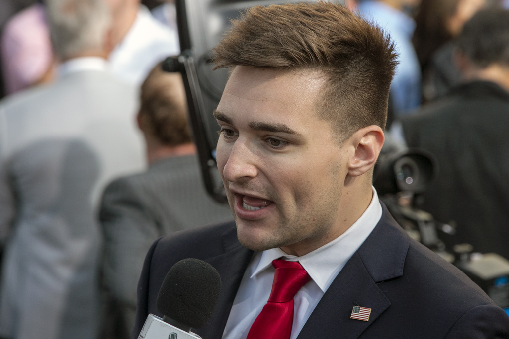 GOP political consultant Alex Bruesewitz speaks with the media at Trump National Golf Club Bedminster on Tuesday, June 13, 2023, in Bedminster, New Jersey.