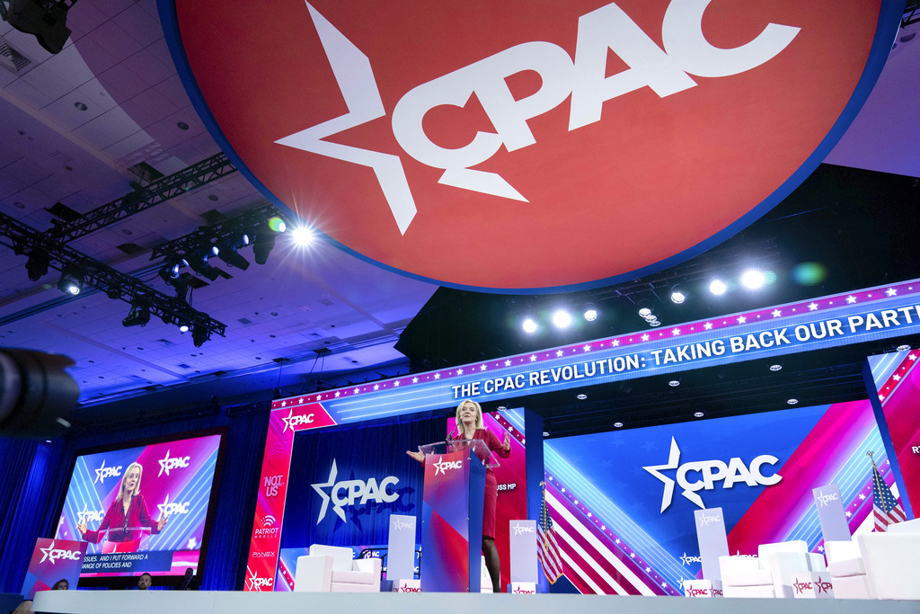 Former British Prime Minister Liz Truss speaks during the Conservative Political Action Conference, 2024 CPAC, at the National Harbor in Oxon Hill, Md., Thursday, Feb. 22, 2024.
