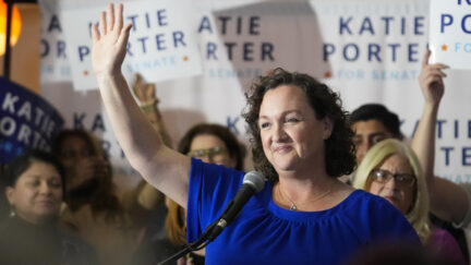Katie Porter waving to supporters on Super Tuesday
