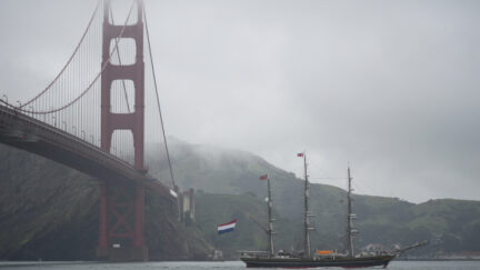 The Dutch tall ship Stad Amsterdam makes its way past the Golden Gate Bridge in San Francisco, Wednesday, March 6, 2024. The ship is visiting San Francisco and will be docked at Pier 30-32 until March 24 before continuing on its world tour.