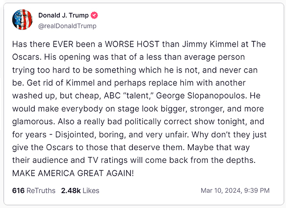 Jimmy Kimmel Reads Trump’s Oscars Rant Out Loud Live During Academy Awards: ‘Isn’t It Past Your Jail Time?’