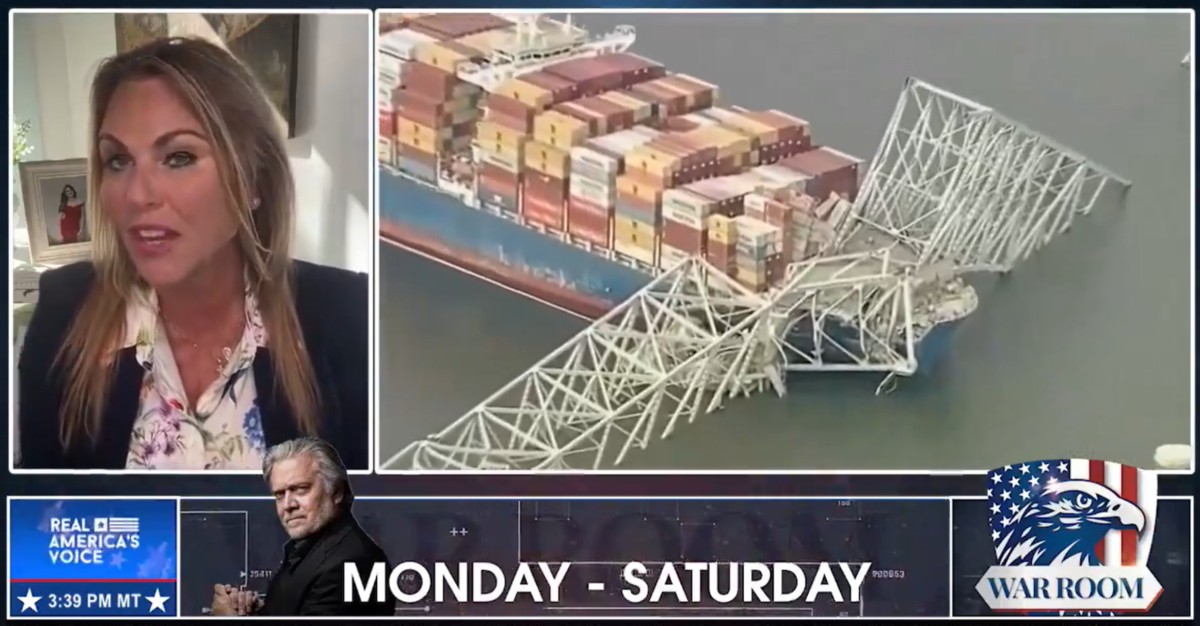 Lara Logan next to an image of the collapsed Francis Scott Key bridge