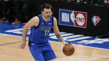 Luka Doncic in front of NBA on TNT logo