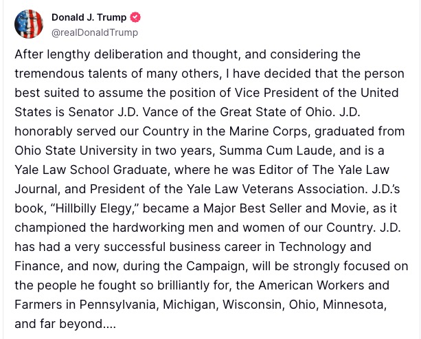 Trump taps JD Vance as running mate