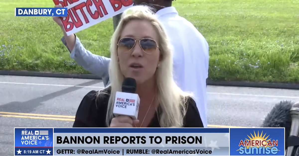 Marjorie Taylor Greene Trolled Outside of Steve Bannon Prison
